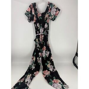 Eye†Shadow Black Floral Smocked Bodice Jumpsuit Wide Leg Belted